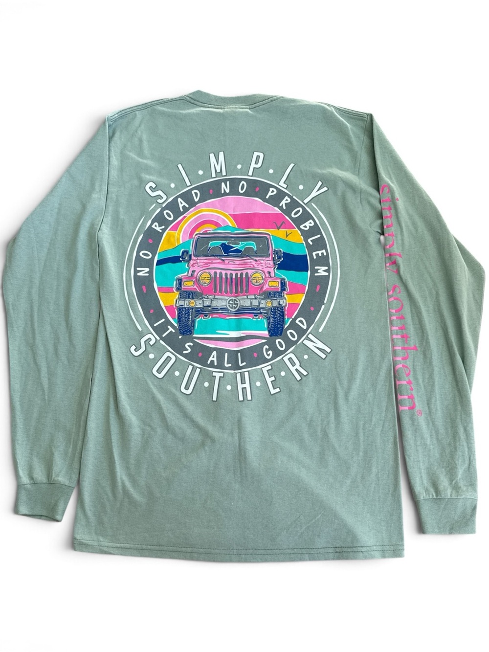 Simply Southern “No Road, No Problem” Jeep L/S Tee, light Green & Pink Size S
